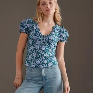 MAEVE ANTHROPOLOGIE Cropped Floral Puff Sleeve Ruffle Blouse Tee Women's Size XL